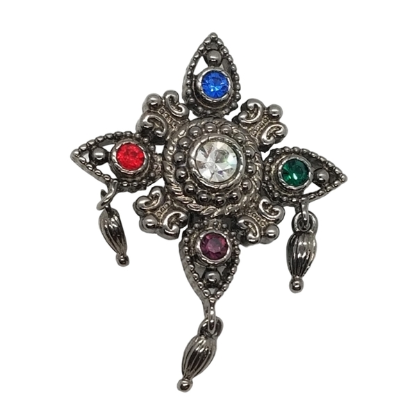 BOB MACKIE VINTAGE SILVERTONED & JEWELED RENAISSANCE REVIVAL STYLE  BROOCH - Picture 1 of 3